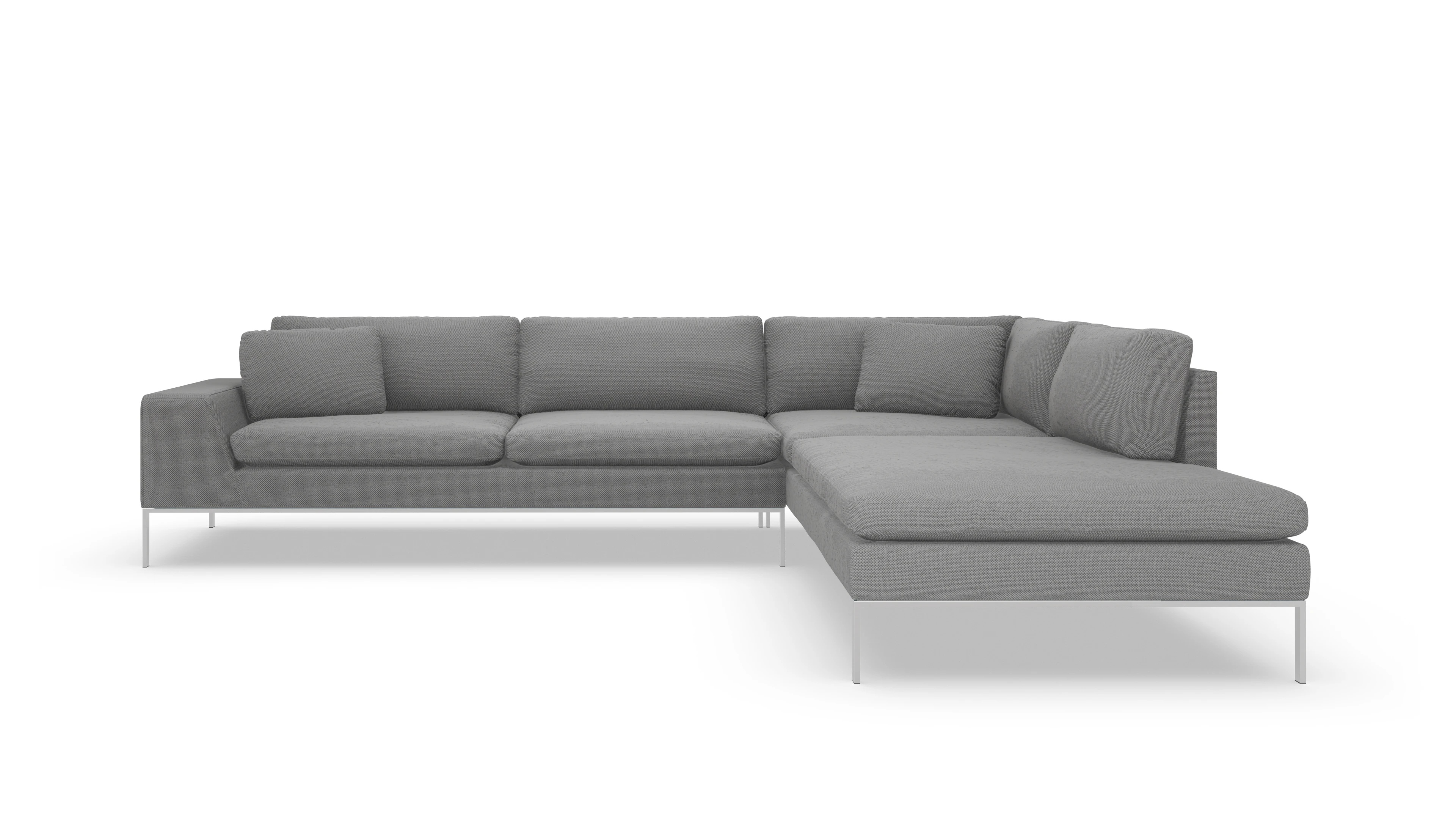 Designer-Sofa Helgesen in Stoff Ansicht des Produktes Helgesen Sofa mit Ottomane rechts in Stoff grau