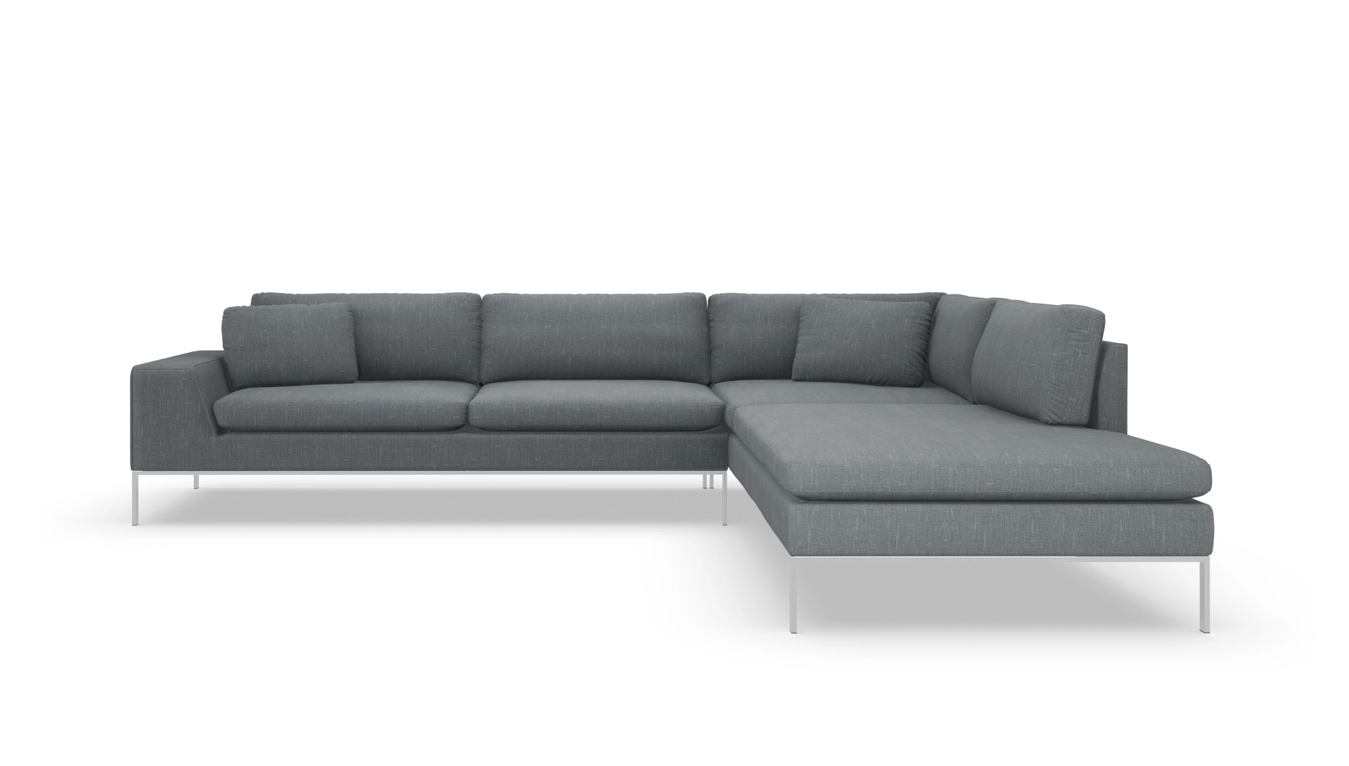 Designer-Sofa Helgesen in Stoff Ansicht des Produktes Helgesen Sofa mit Ottomane rechts in Stoff grau