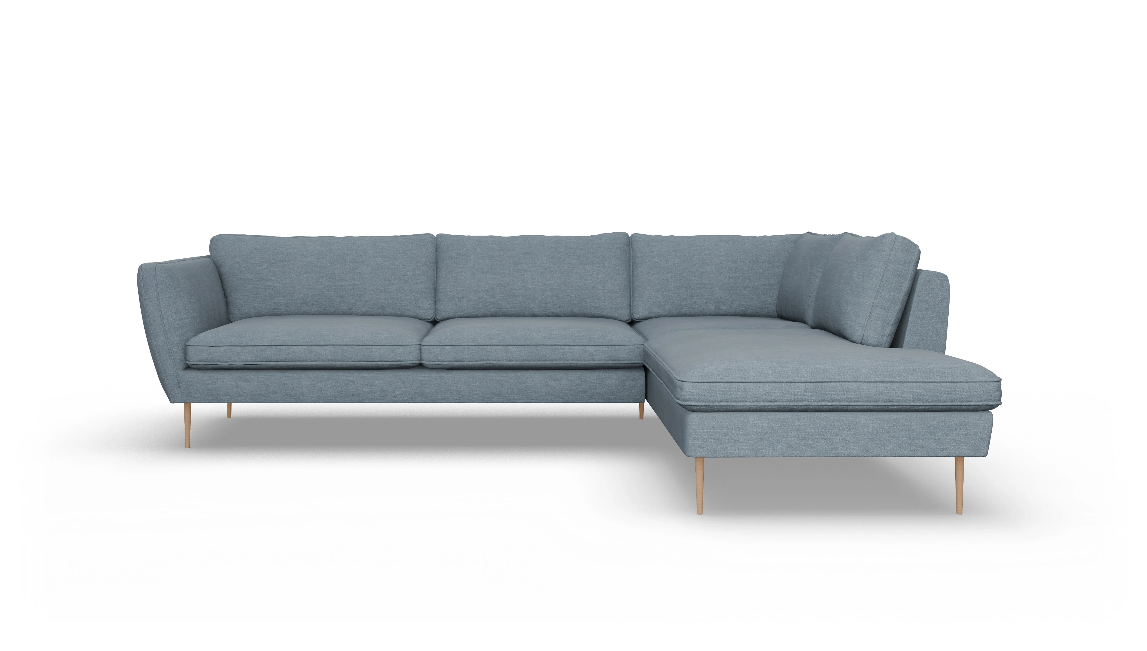Sofa Karlsen in Stoff Ansicht des Produktes Karlsen Sofa mit Ottomane rechts in Stoff blau
