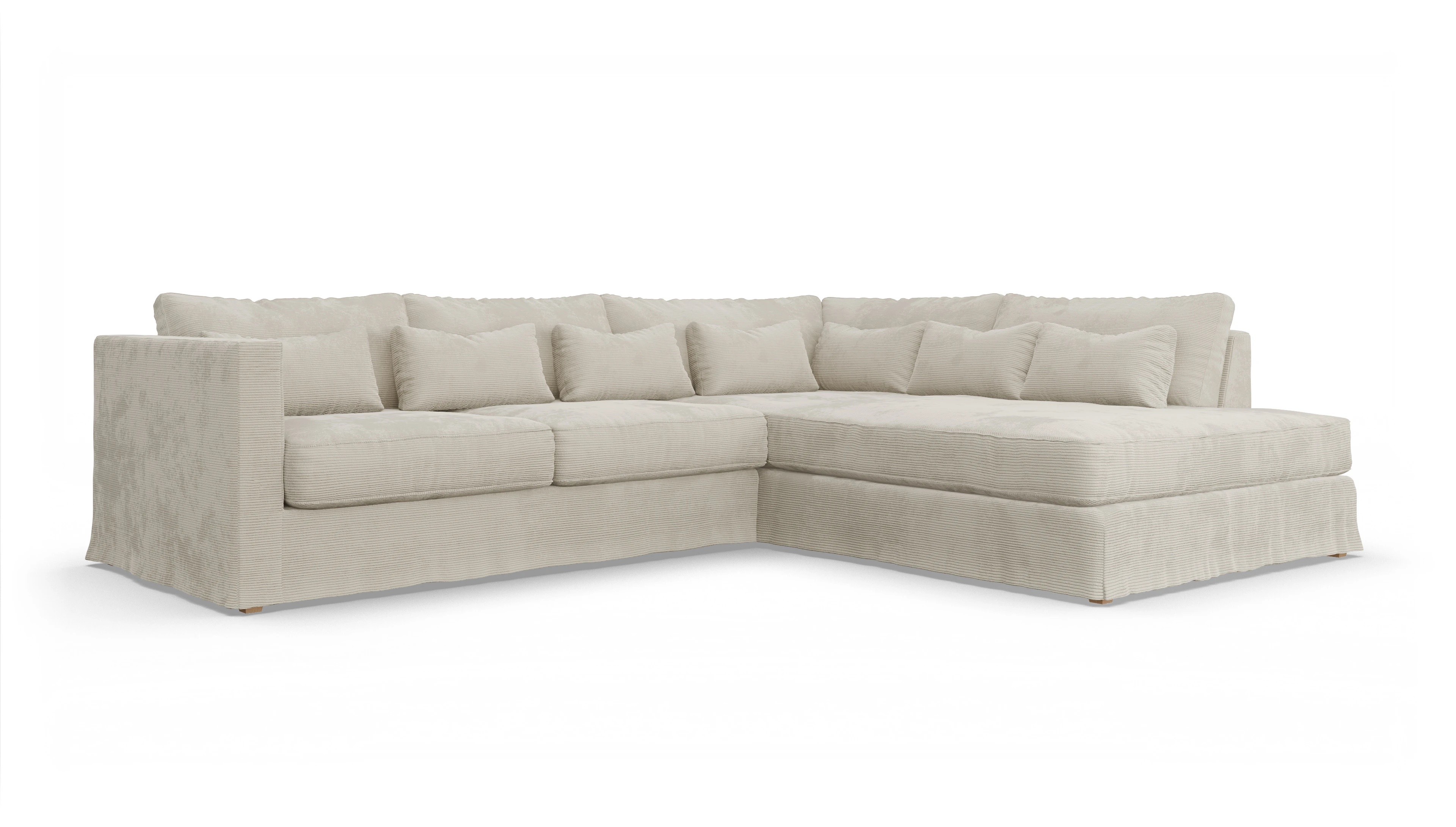 Brogger Hussen-Sofa Ansicht des Produktes Brogger Sofa mit Ottomane rechts in Cord weiß