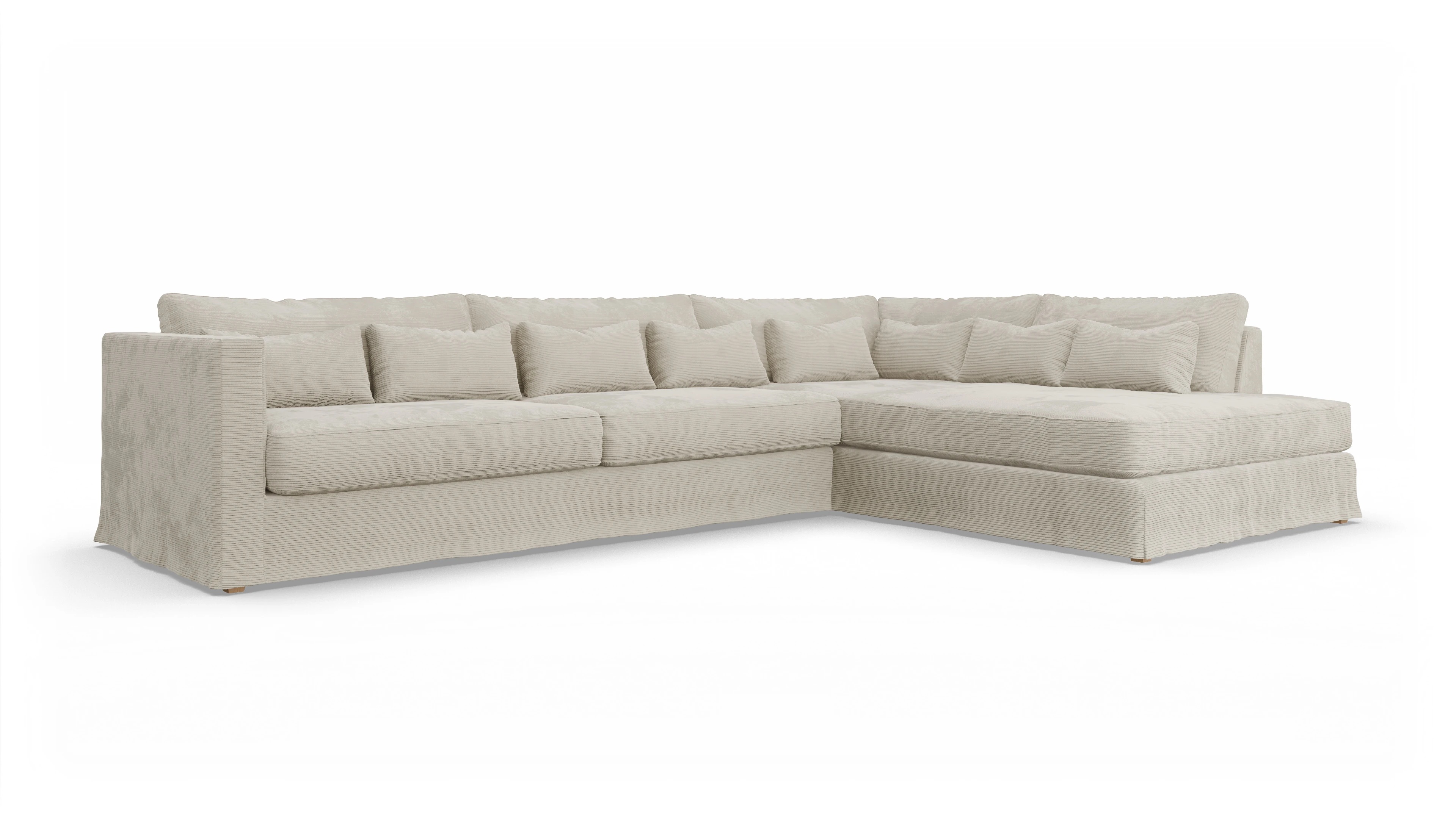 Brogger Hussen-Sofa Ansicht des Produktes Brogger Sofa mit Ottomane rechts in Cord weiß