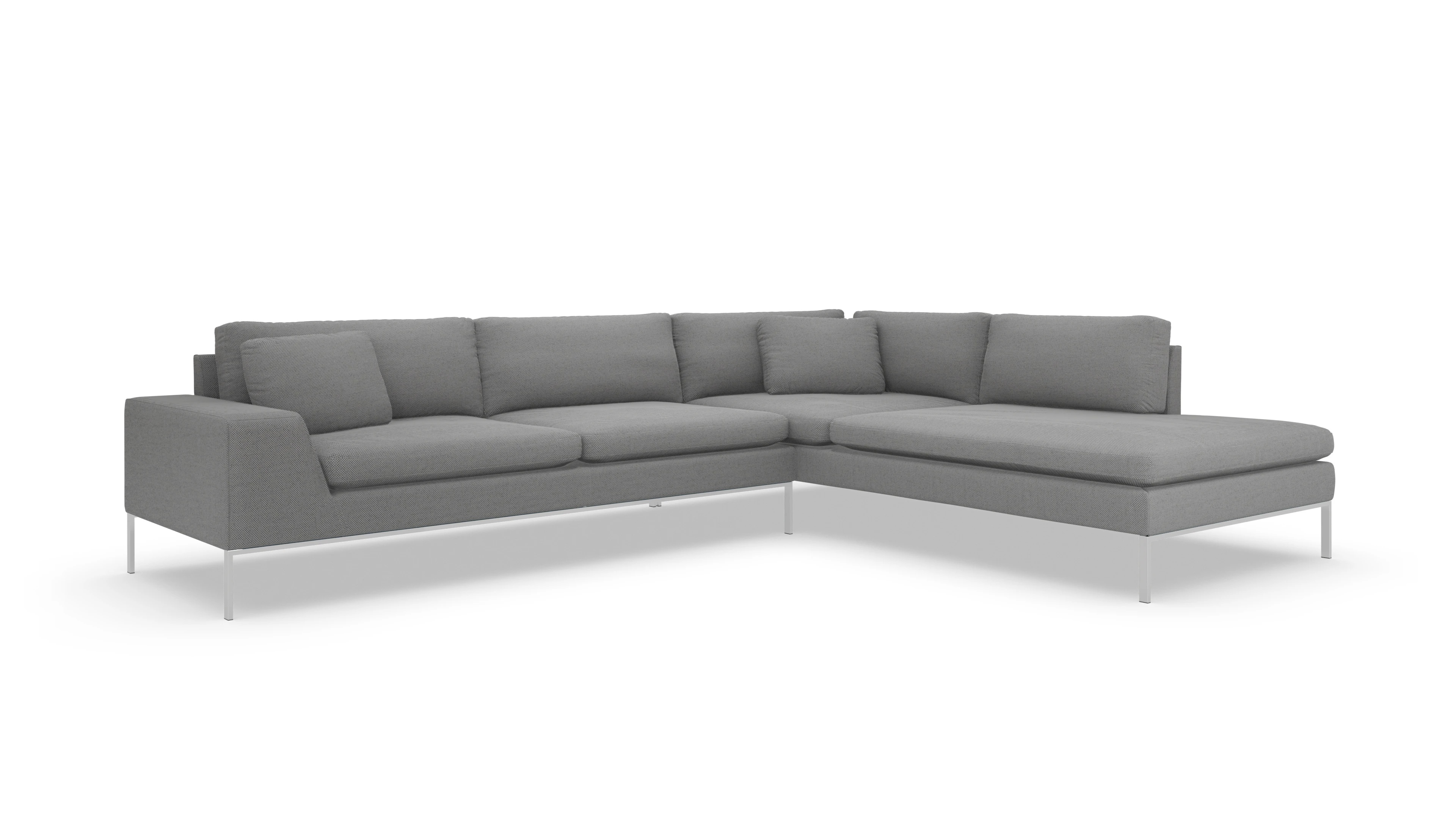 Designer-Sofa Helgesen in Stoff Ansicht des Produktes Helgesen Sofa mit Ottomane rechts in Stoff grau