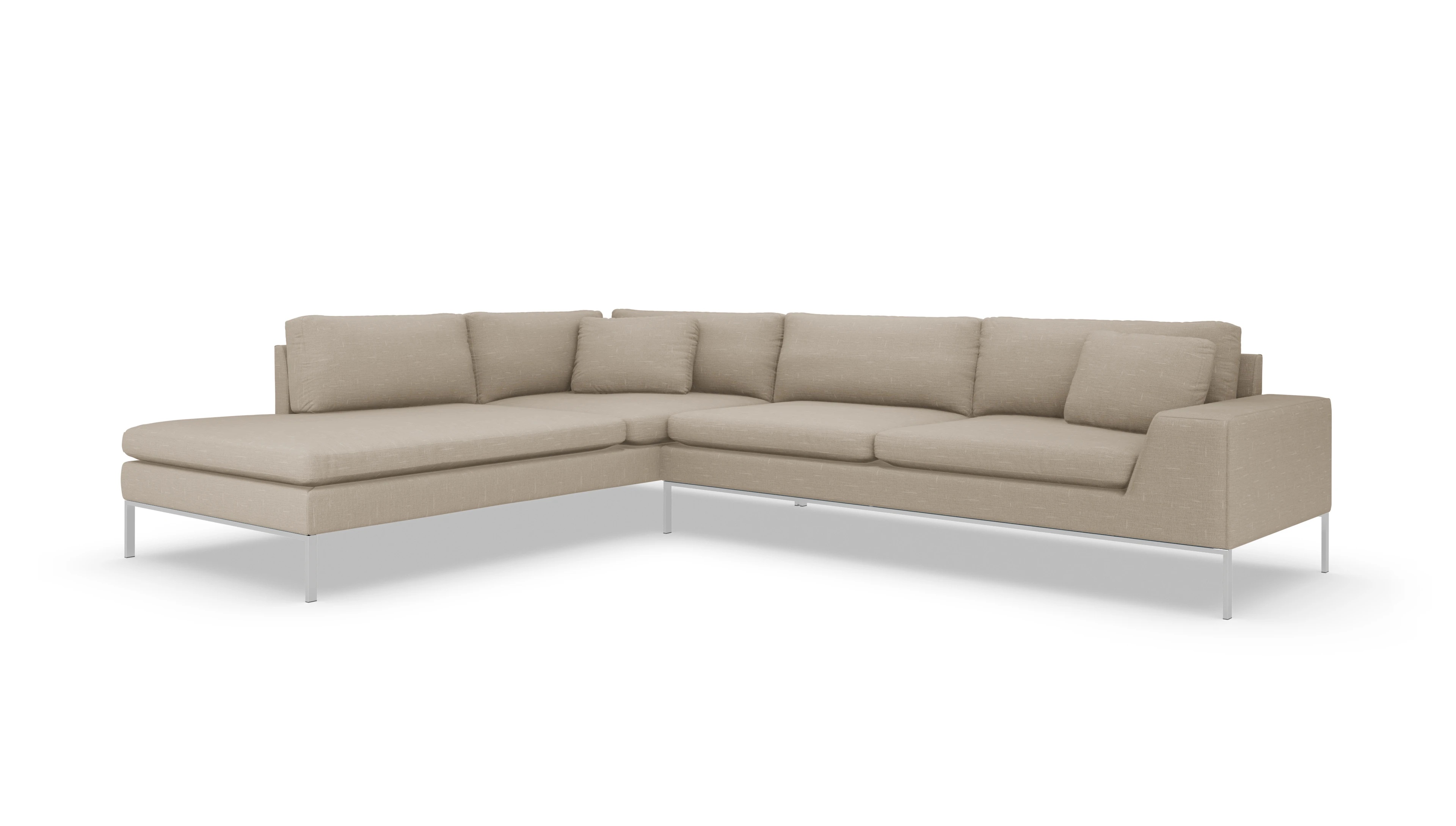 Designer-Sofa Helgesen in Stoff Ansicht des Produktes Helgesen Sofa mit Ottomane links in Stoff beige