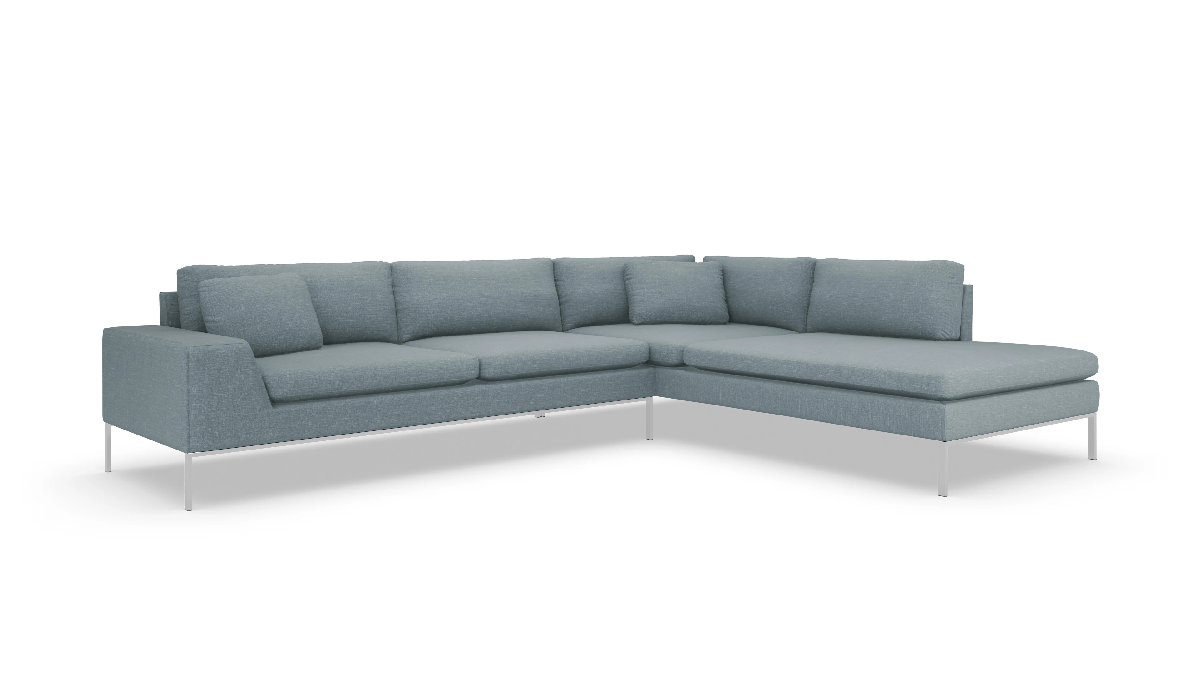 Designer-Sofa Helgesen in Stoff Ansicht des Produktes Helgesen Sofa mit Ottomane rechts in Stoff blau