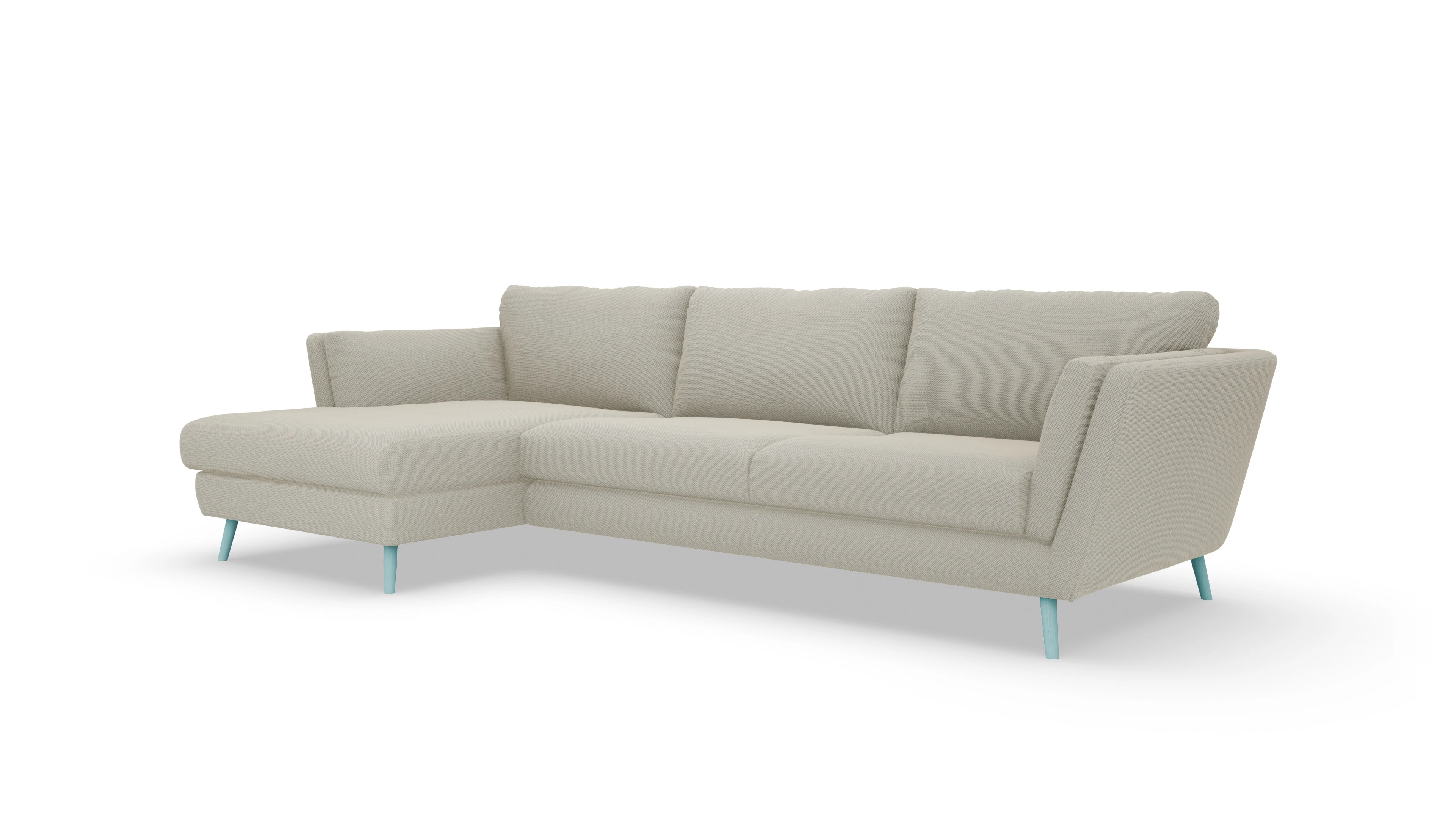 Ansicht des Produktes Sira Sofa mit Ottomane links in Stoff weiß