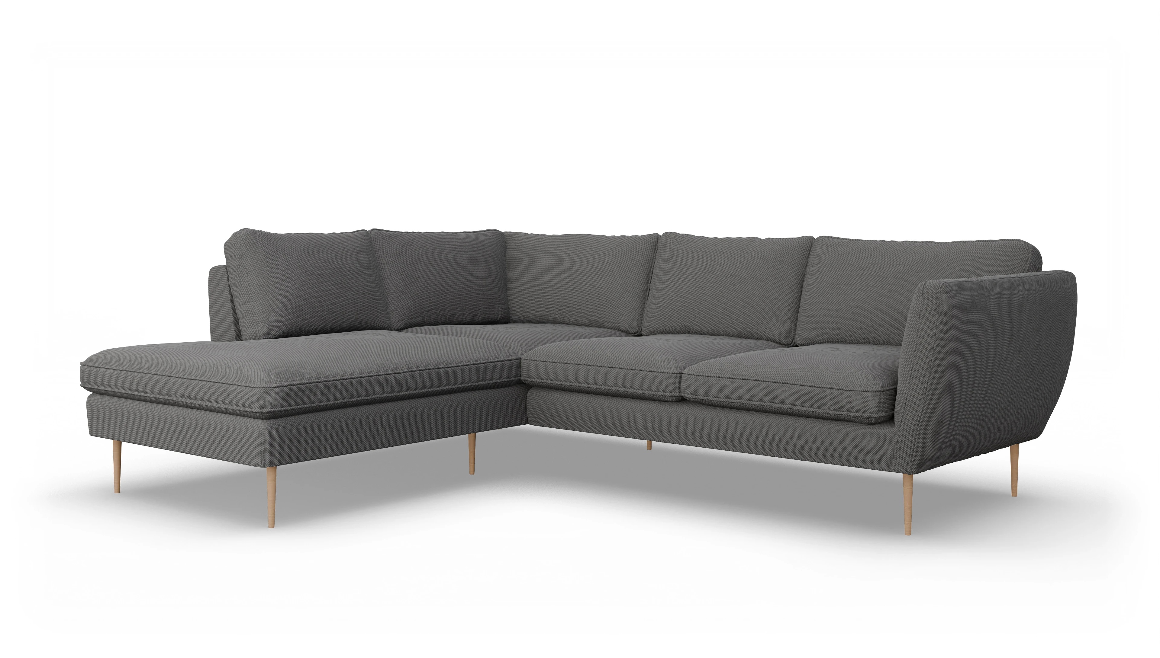 Sofa Karlsen in Stoff Ansicht des Produktes Karlsen Sofa mit Ottomane links in Stoff grau