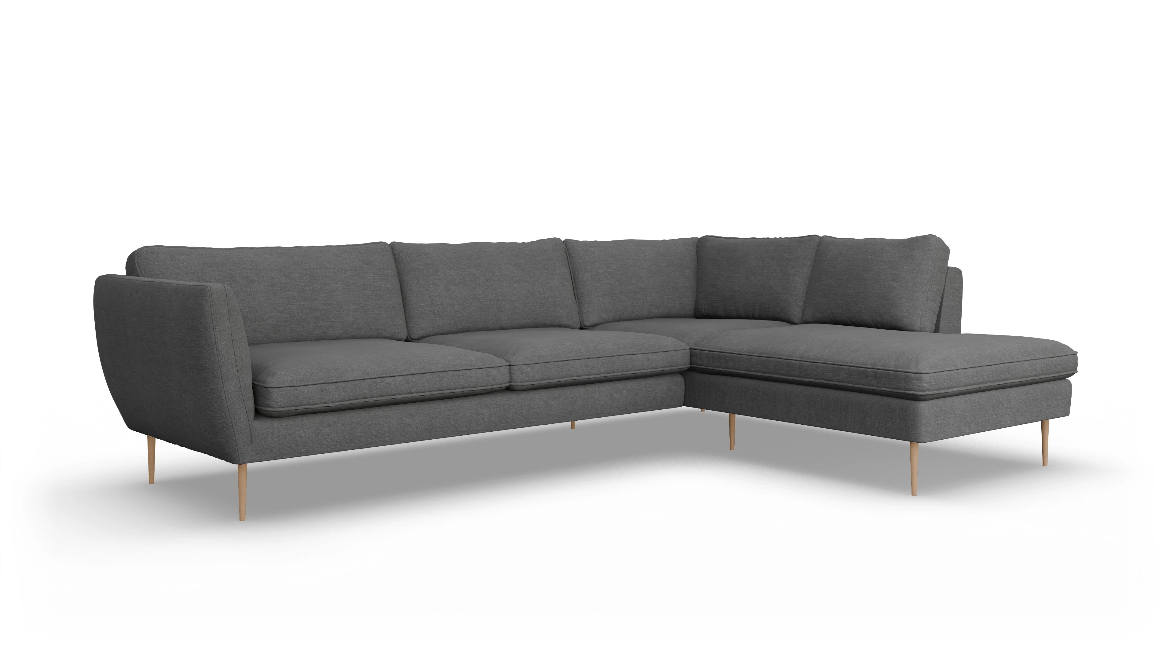 Sofa Karlsen in Stoff Ansicht des Produktes Karlsen Sofa mit Ottomane rechts in Stoff grau