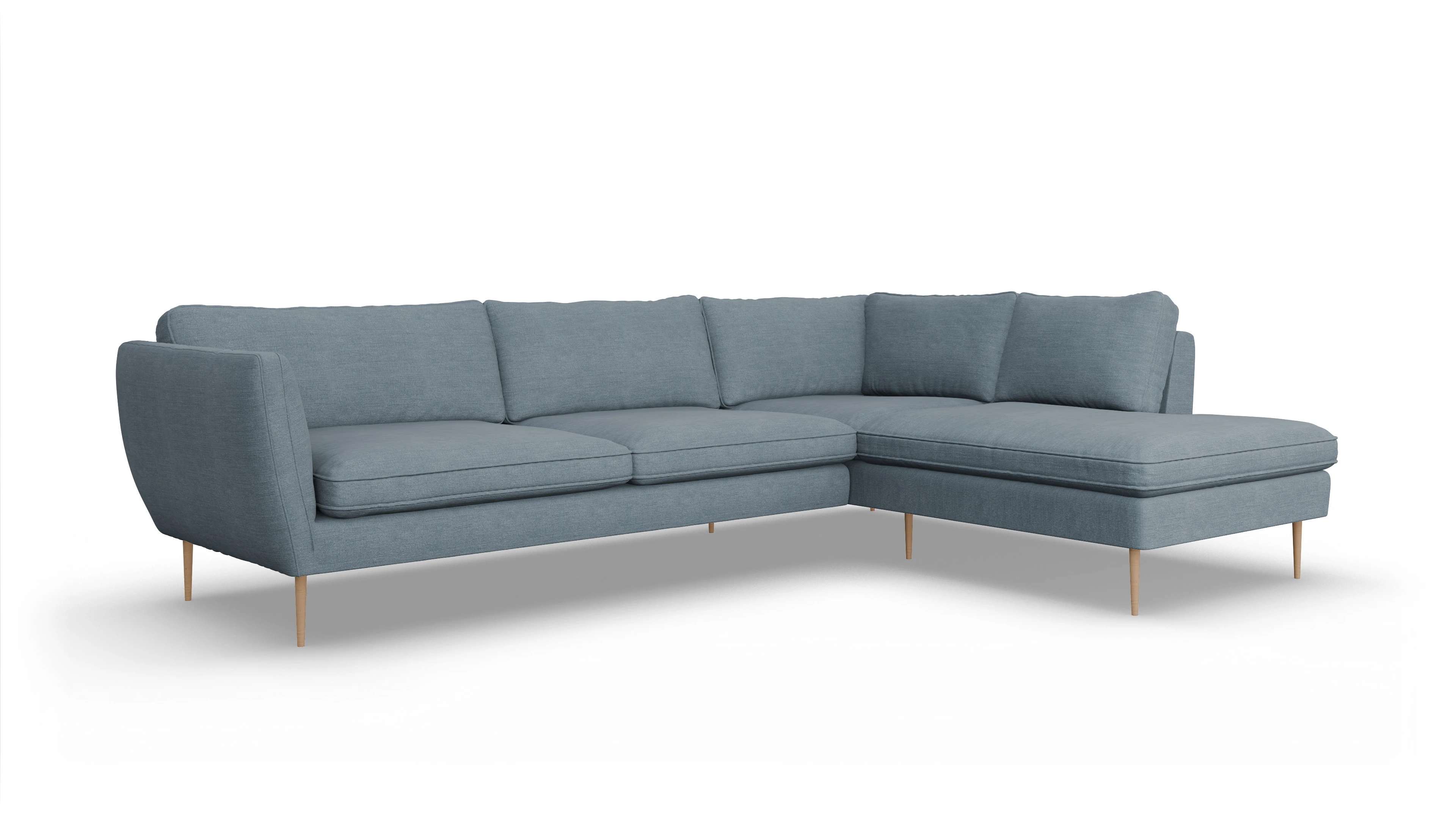 Sofa Karlsen in Stoff Ansicht des Produktes Karlsen Sofa mit Ottomane rechts in Stoff blau