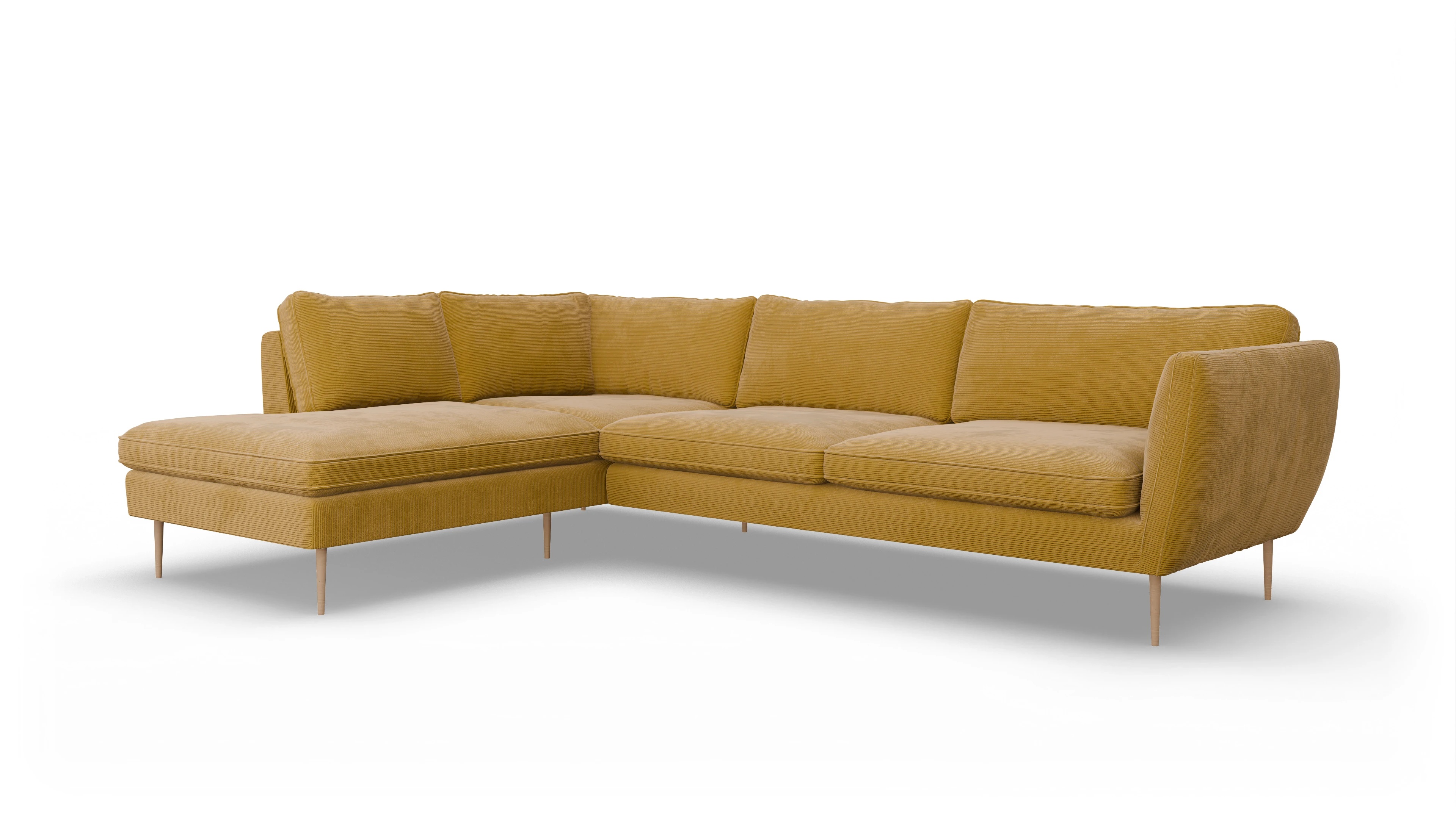 Ansicht des Produktes Karlsen Sofa mit Ottomane links in Cord gelb