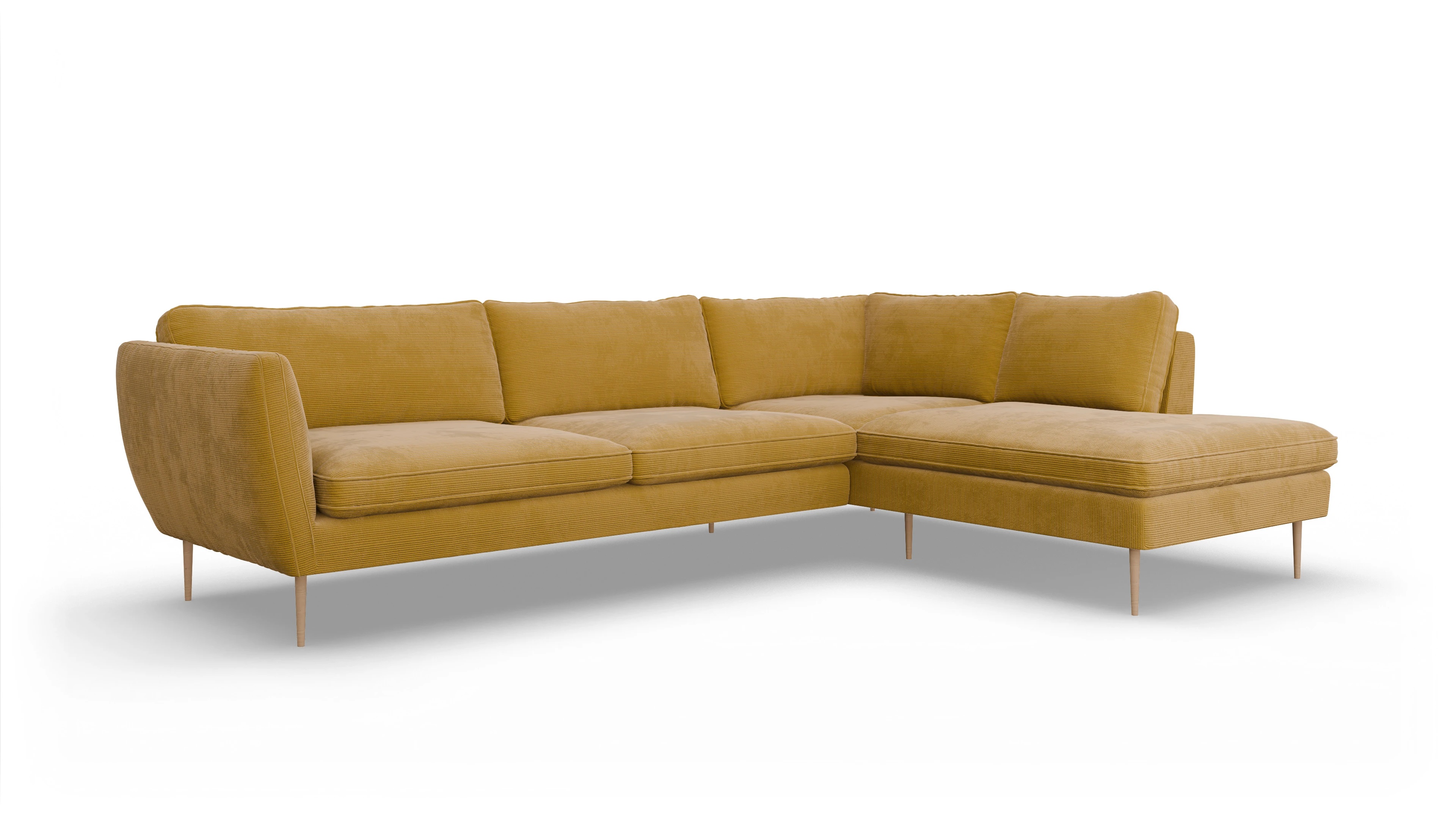 Sofa Karlsen in Stoff Ansicht des Produktes Karlsen Sofa mit Ottomane rechts in Cord gelb