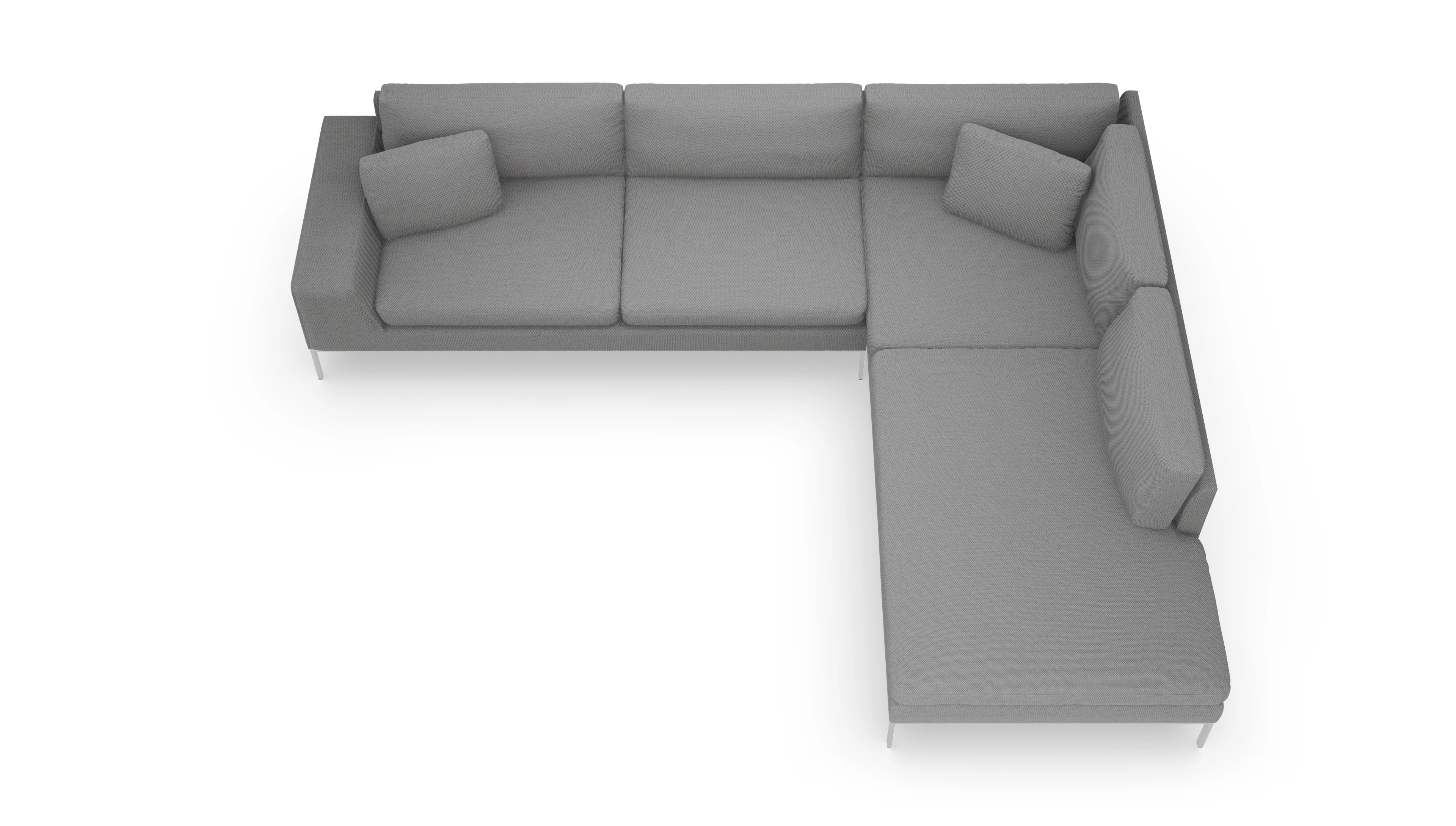 Designer-Sofa Helgesen in Stoff Ansicht des Produktes Helgesen Sofa mit Ottomane rechts in Stoff grau