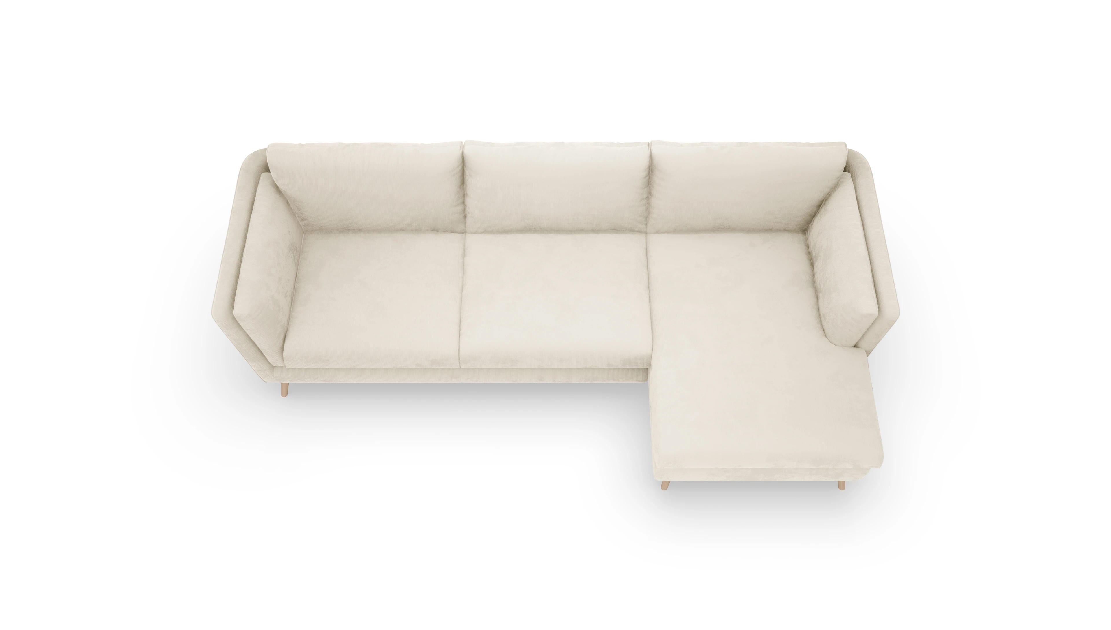 Sira Hussensofa Ansicht des Produktes Sira Sofa mit Ottomane rechts in Cord weiß