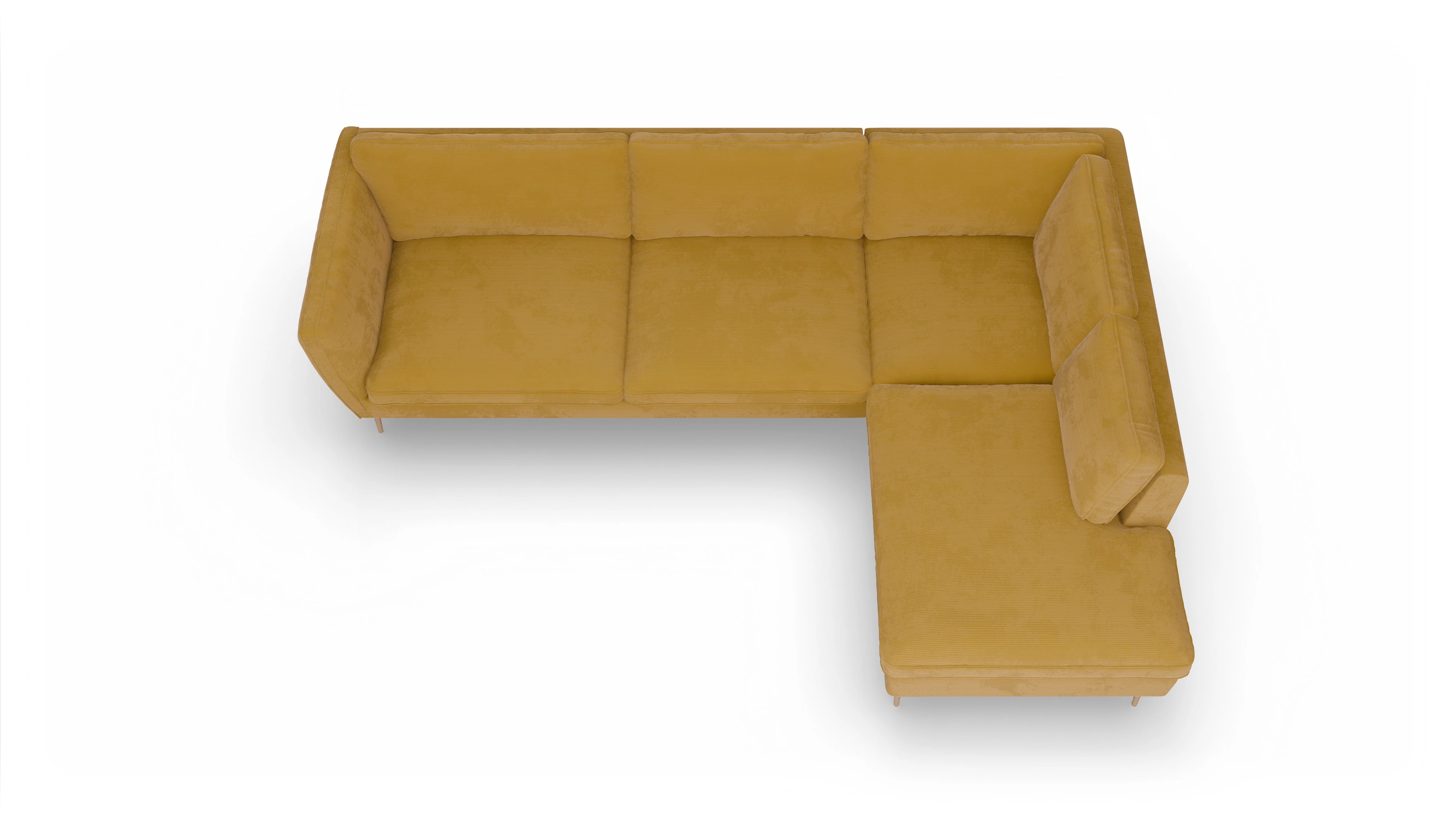 Sofa Karlsen in Stoff Ansicht des Produktes Karlsen Sofa mit Ottomane rechts in Cord gelb